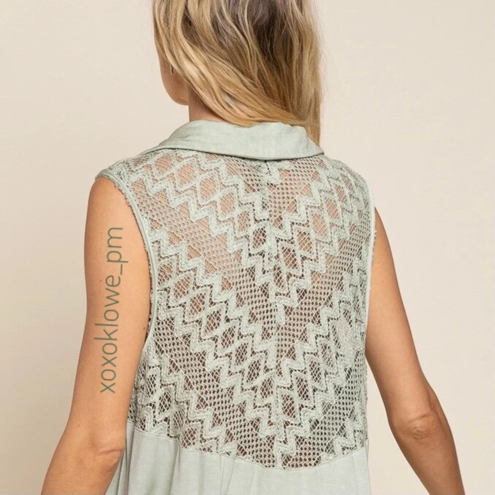 POL Green Pintuck Lace Button Down Top Sleeveless Relaxed Fit - Picture 5 of 11